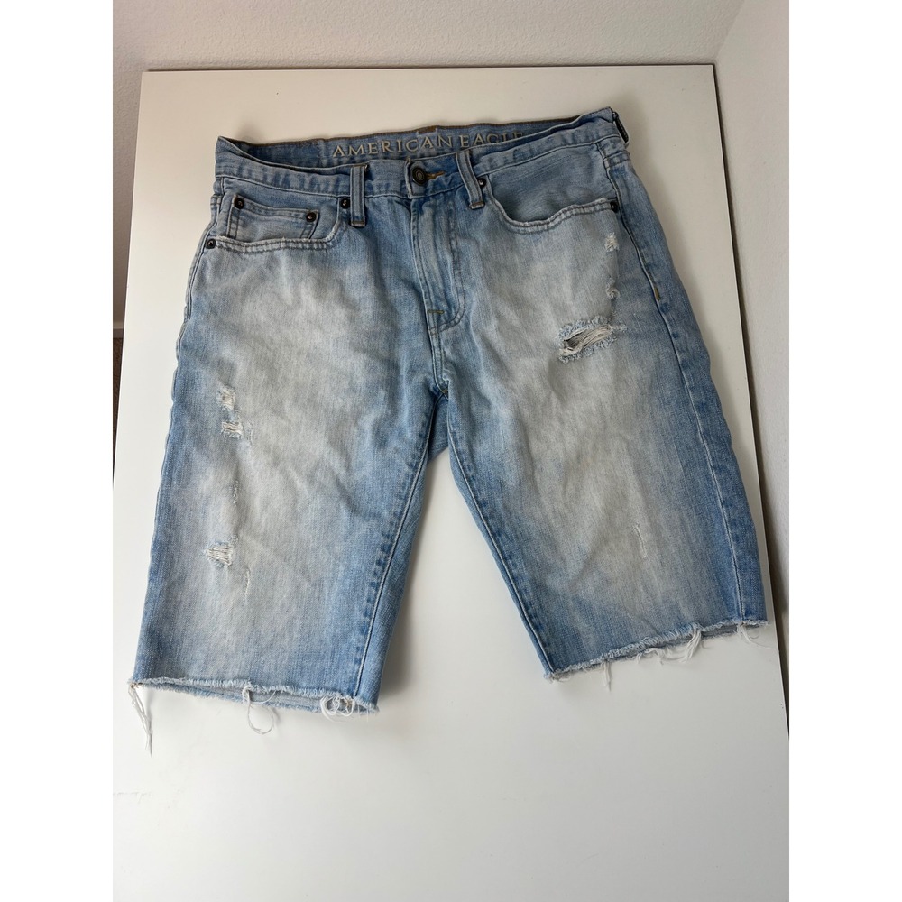American Eagle Mens Denim Shorts 31 Light Wash Distressed Raw Hem 10in Inseam